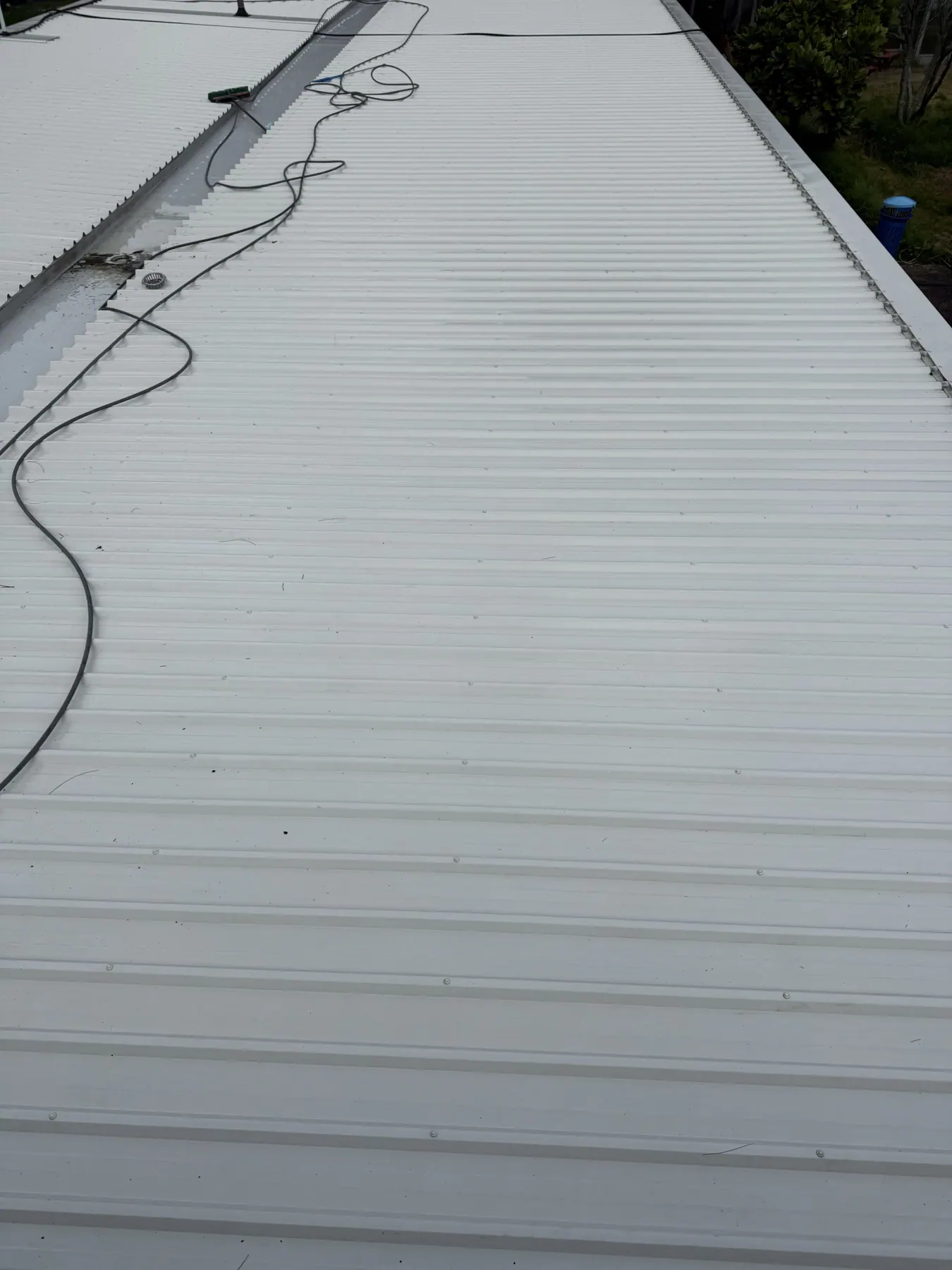 Roof and exterior surfaces being soft washed to lift moss and built-up grime